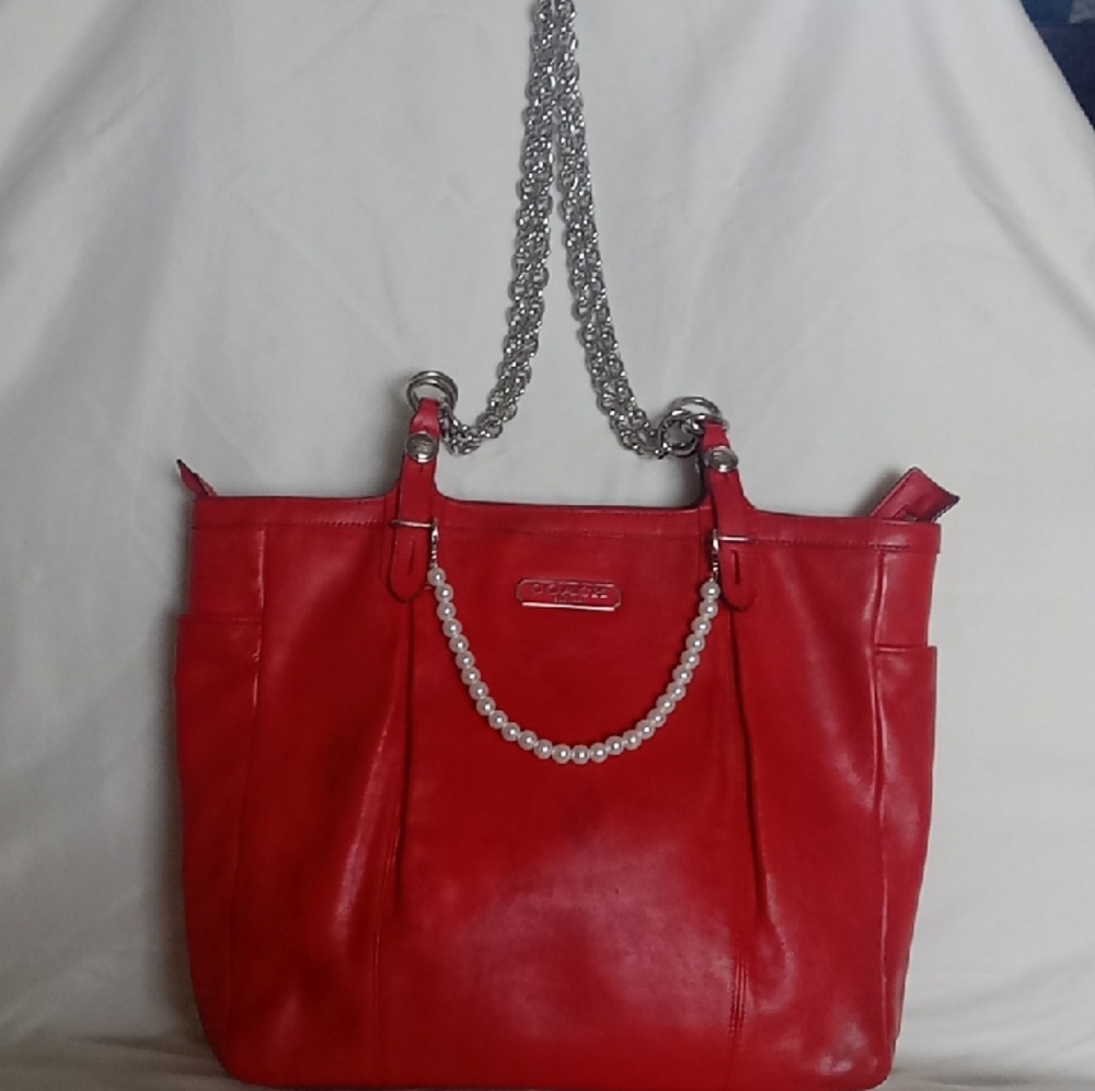 Coach Red Leather Shoulder Bag with Chain Straps